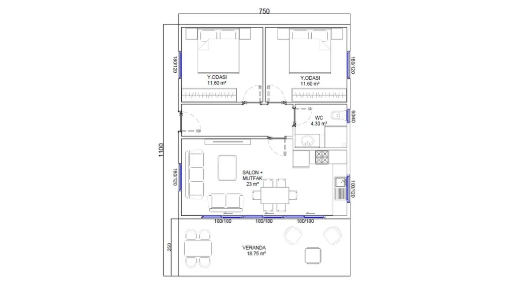 2+1 Tek Kat Hafif Çelik kat planı 2