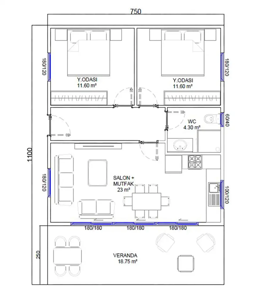 2+1 Tek Kat Hafif Çelik kat planı 1