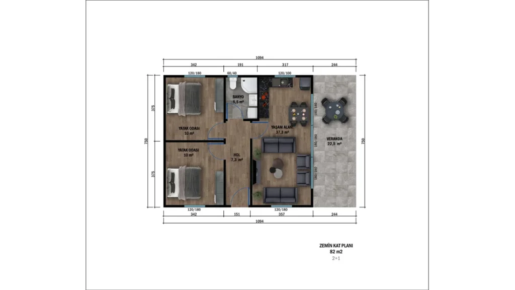 2+1 Tek Kat Hafif Çelik kat planı 2