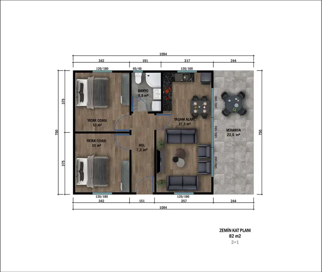 2+1 Tek Kat Hafif Çelik kat planı 1