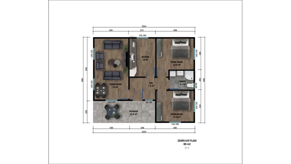 2+1 Tek Kat Hafif Çelik kat planı 2