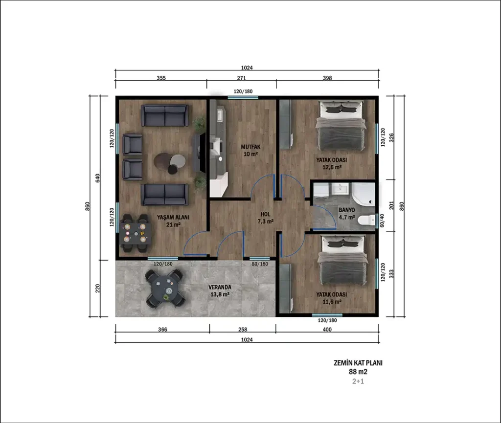 2+1 Tek Kat Hafif Çelik kat planı 1