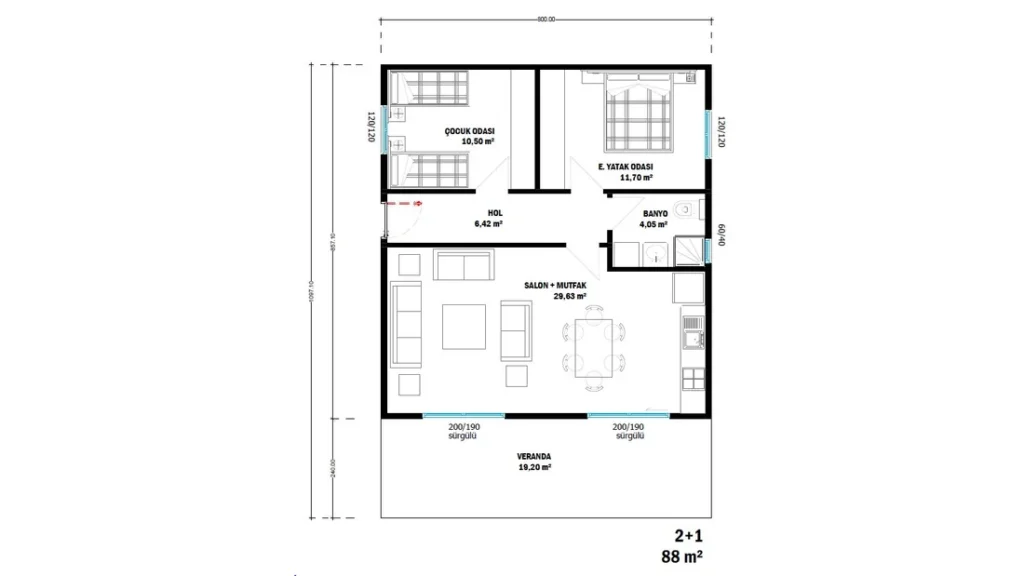 2+1 Tek Kat Hafif Çelik kat planı 1