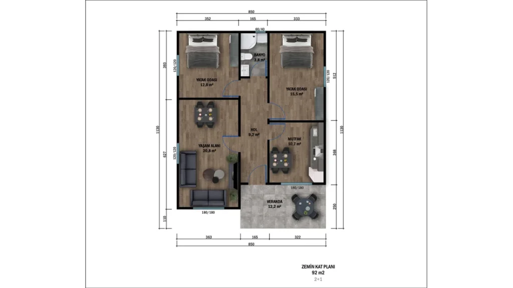 2+1 Tek Kat Hafif Çelik kat planı 1