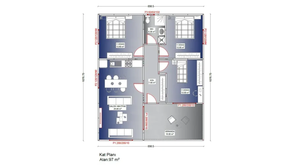 3+1 Tek Kat Hafif Çelik kat planı 1