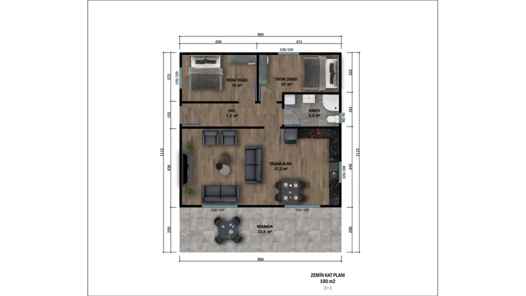 2+1 Tek Kat Hafif Çelik kat planı 1