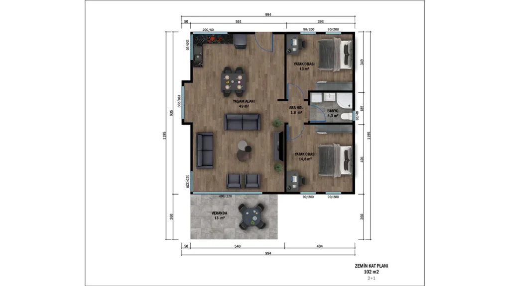 2+1 Tek Kat Hafif Çelik kat planı 1