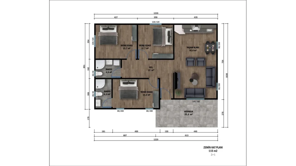 3+1 Tek Kat Hafif Çelik kat planı 1