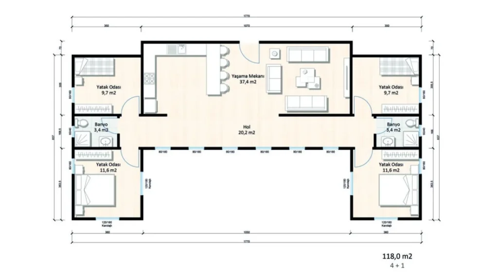 4+1 Tek Kat Hafif Çelik kat planı 1