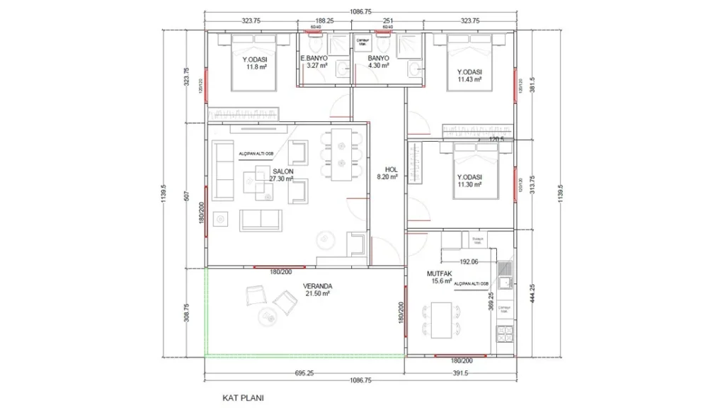 3+1 Tek Kat Hafif Çelik kat planı 1