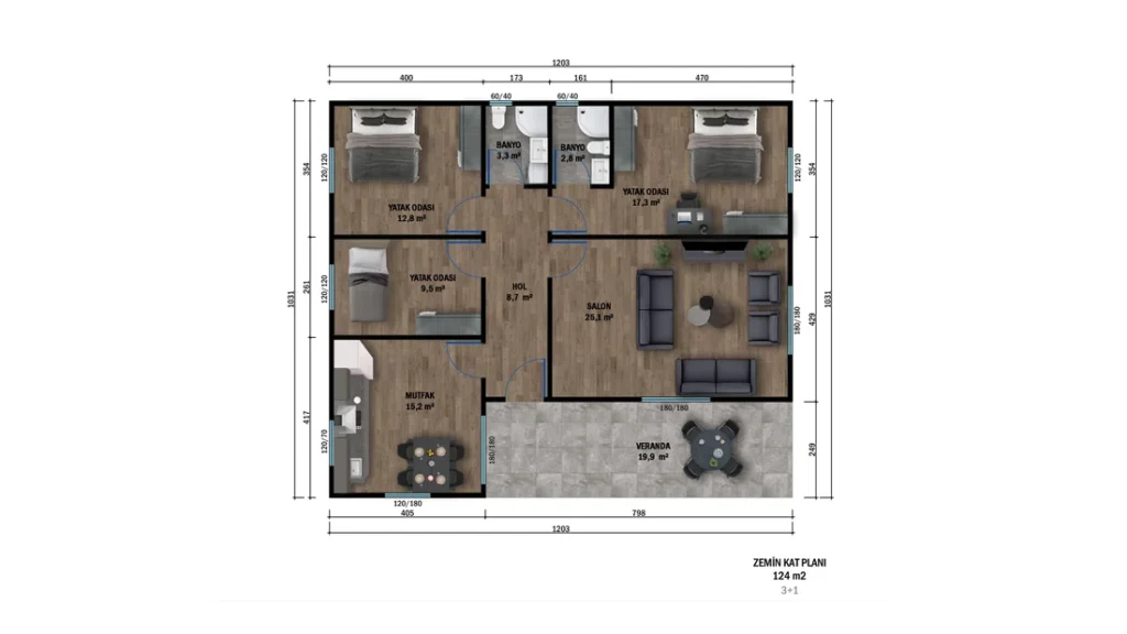 3+1 Tek Kat Hafif Çelik kat planı 1