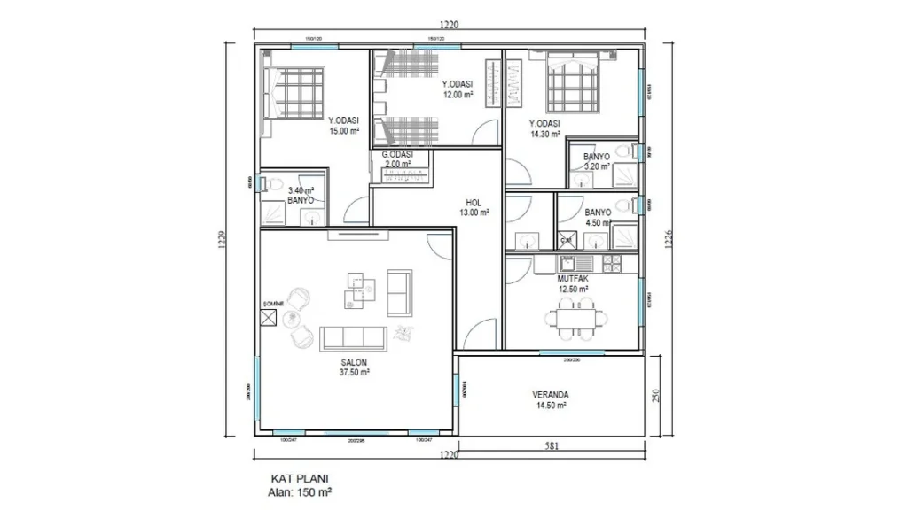 3+1 Tek Kat Hafif Çelik kat planı 1