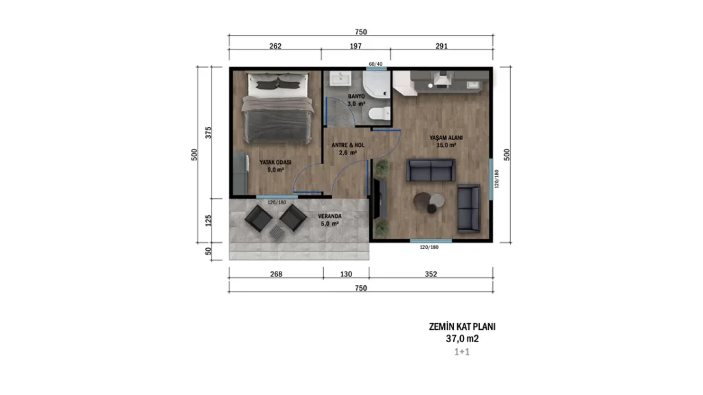 1+1 Tek Kat Prefabrik kat planı 2