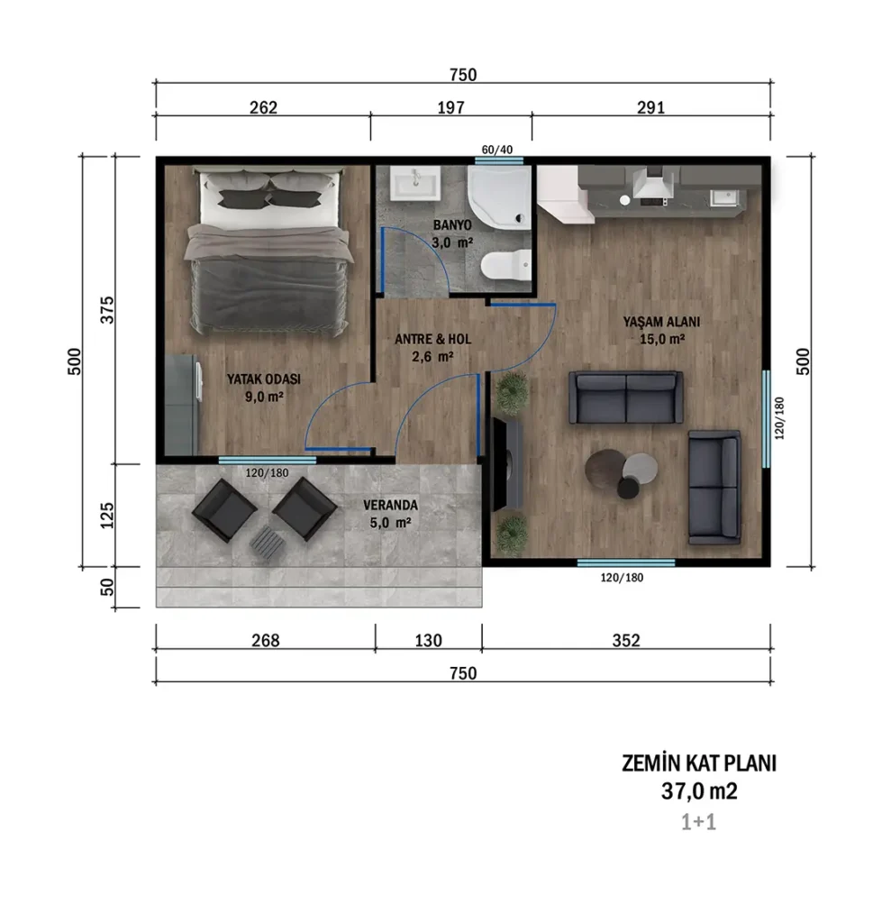 1+1 Tek Kat Prefabrik kat planı 1