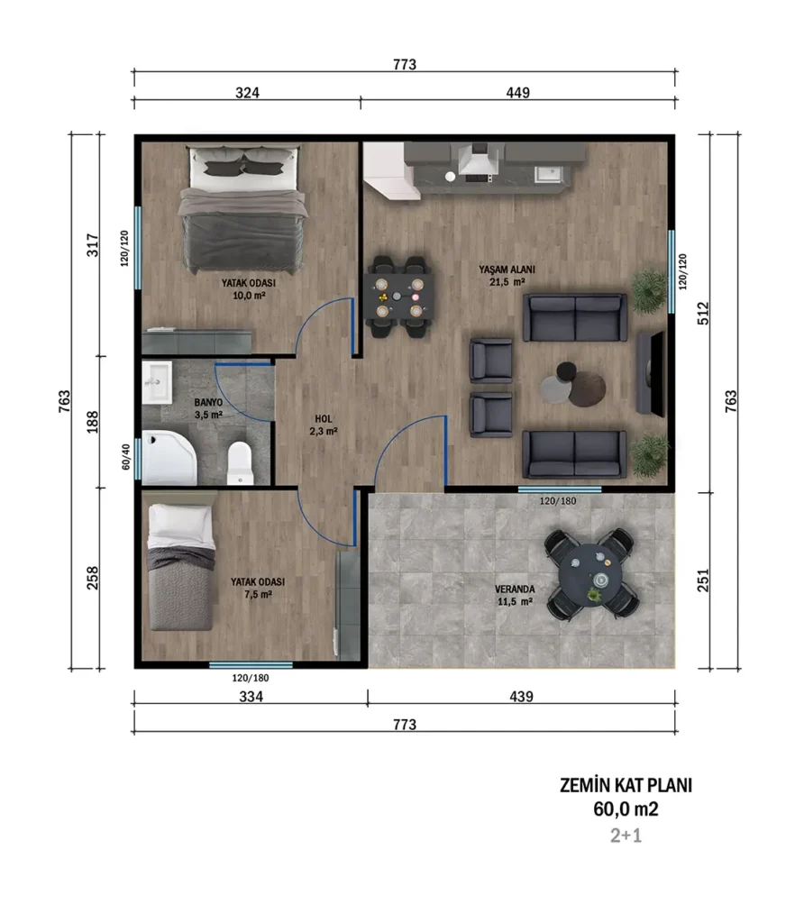2+1 Tek Kat Prefabrik kat planı 1