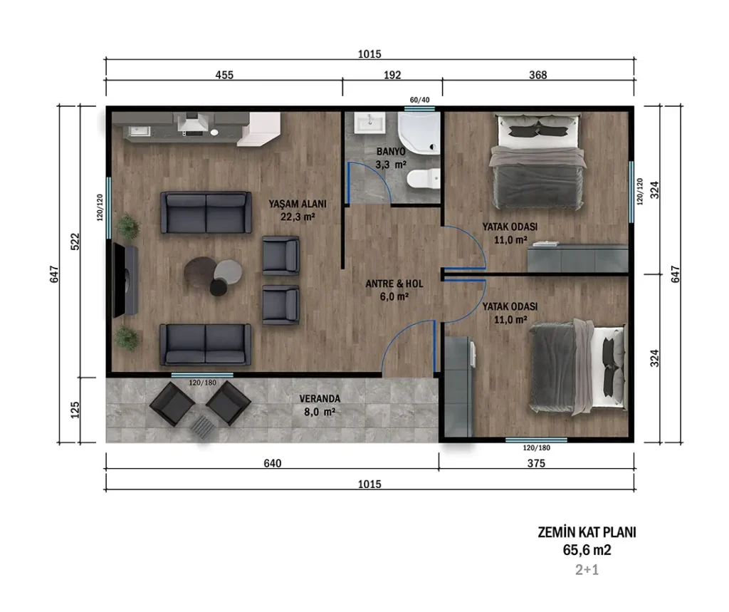 2+1 Tek Kat Prefabrik kat planı 1