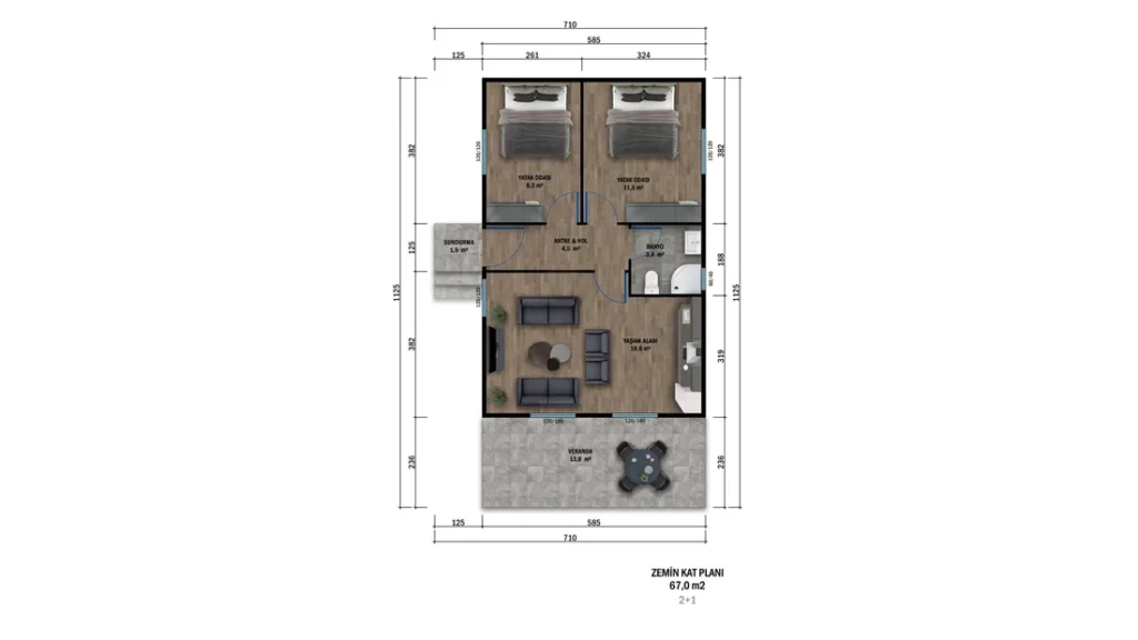 2+1 Tek Kat Prefabrik kat planı 2
