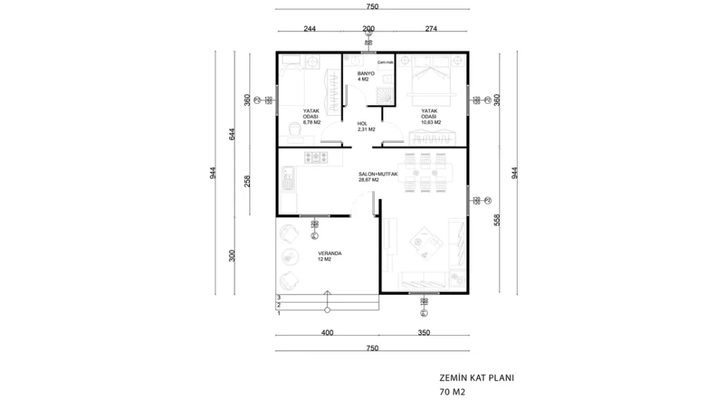 2+1 Tek Kat Prefabrik kat planı 1