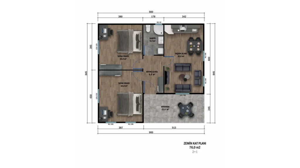 2+1 Tek Kat Prefabrik kat planı 1