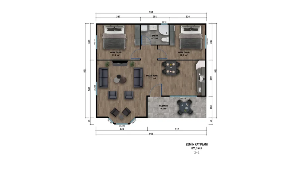 2+1 Tek Kat Prefabrik kat planı 1