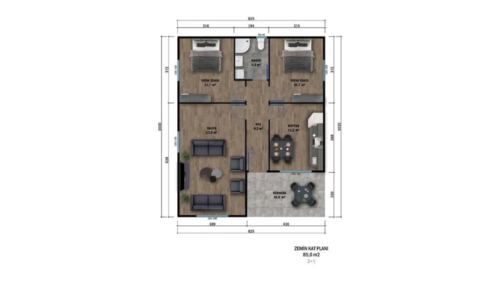 2+1 Tek Kat Prefabrik kat planı 1