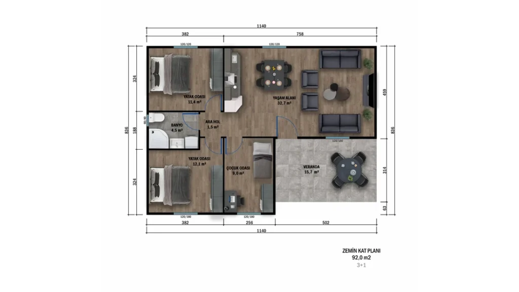 3+1 Tek Kat Prefabrik kat planı 1