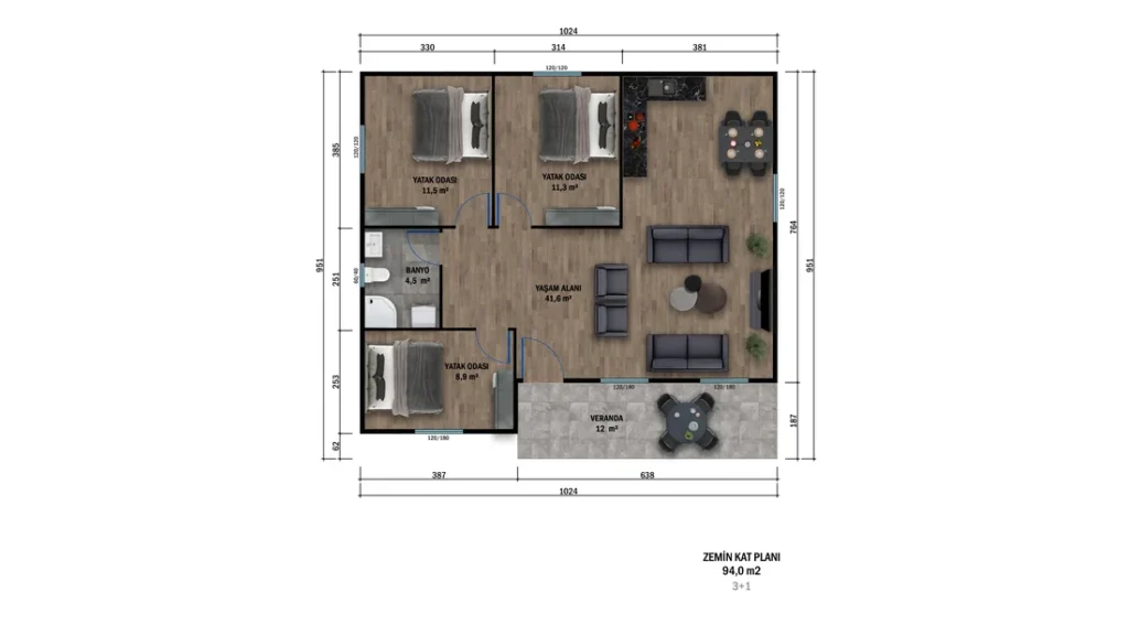 3+1 Tek Kat Prefabrik kat planı 1