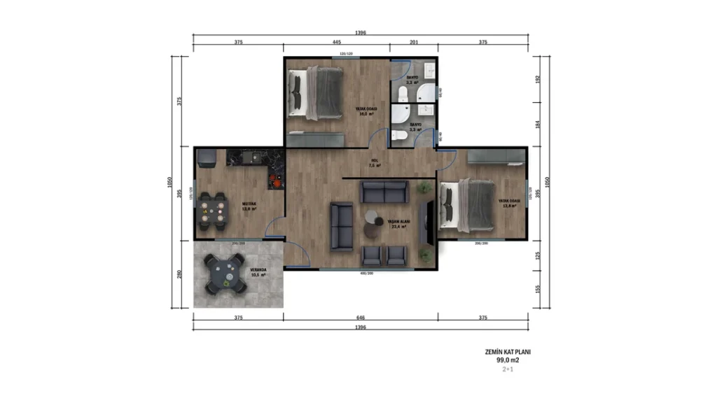 2+1 Tek Kat Prefabrik kat planı 1