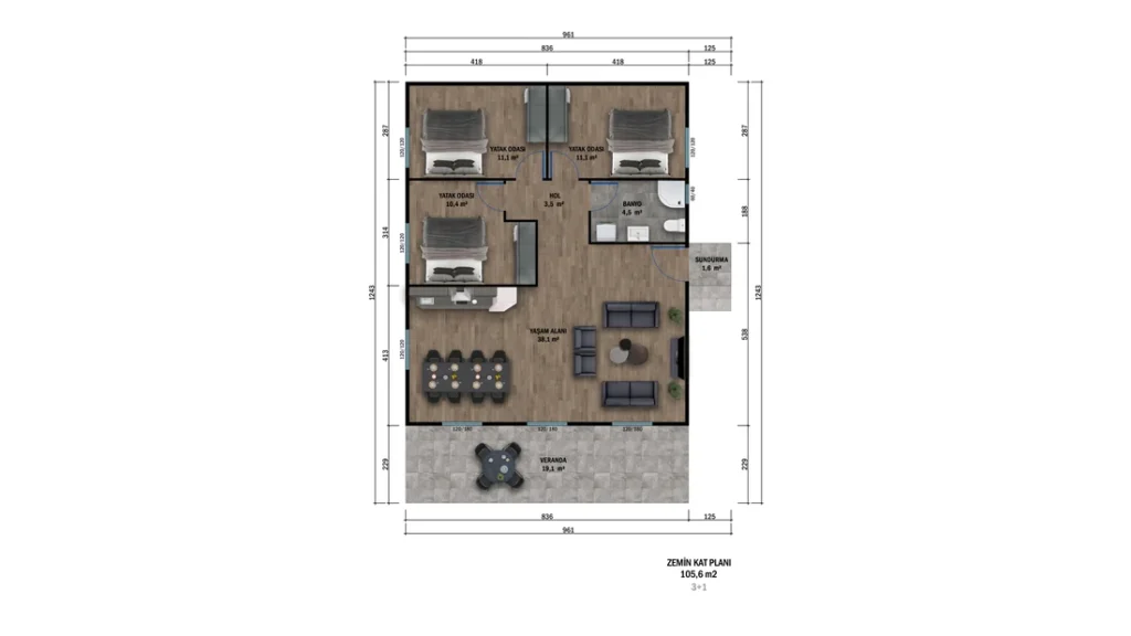 3+1 Tek Kat Prefabrik kat planı 1