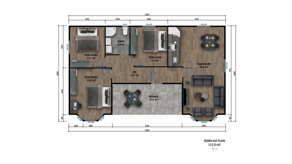 3+1 Tek Kat Prefabrik kat planı 1