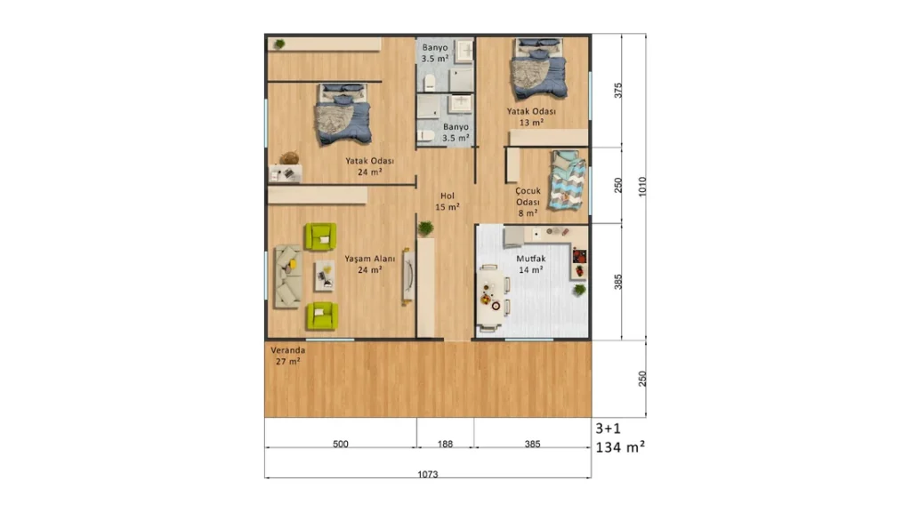 3+1 Tek Kat Prefabrik kat planı 1