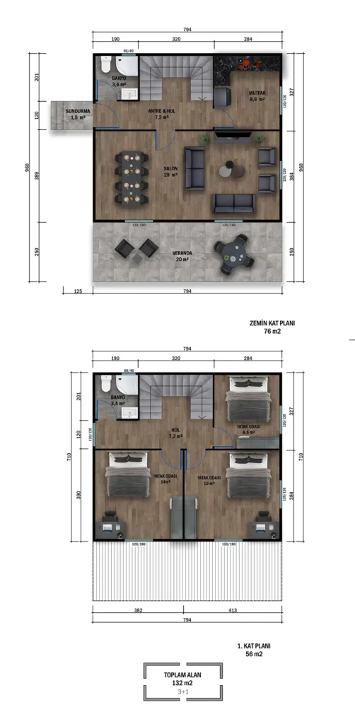 3+1 Çift Kat Prefabrik kat planı 1